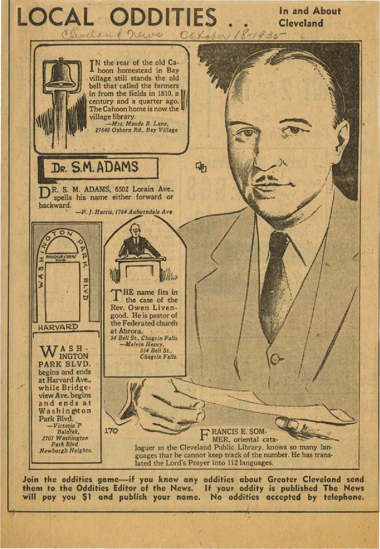Local Oddities newspaper illustration of Frances E. Sommer, Special cataloger of languages in the John G. White Division of the Cleveland Public Library, and article about his work