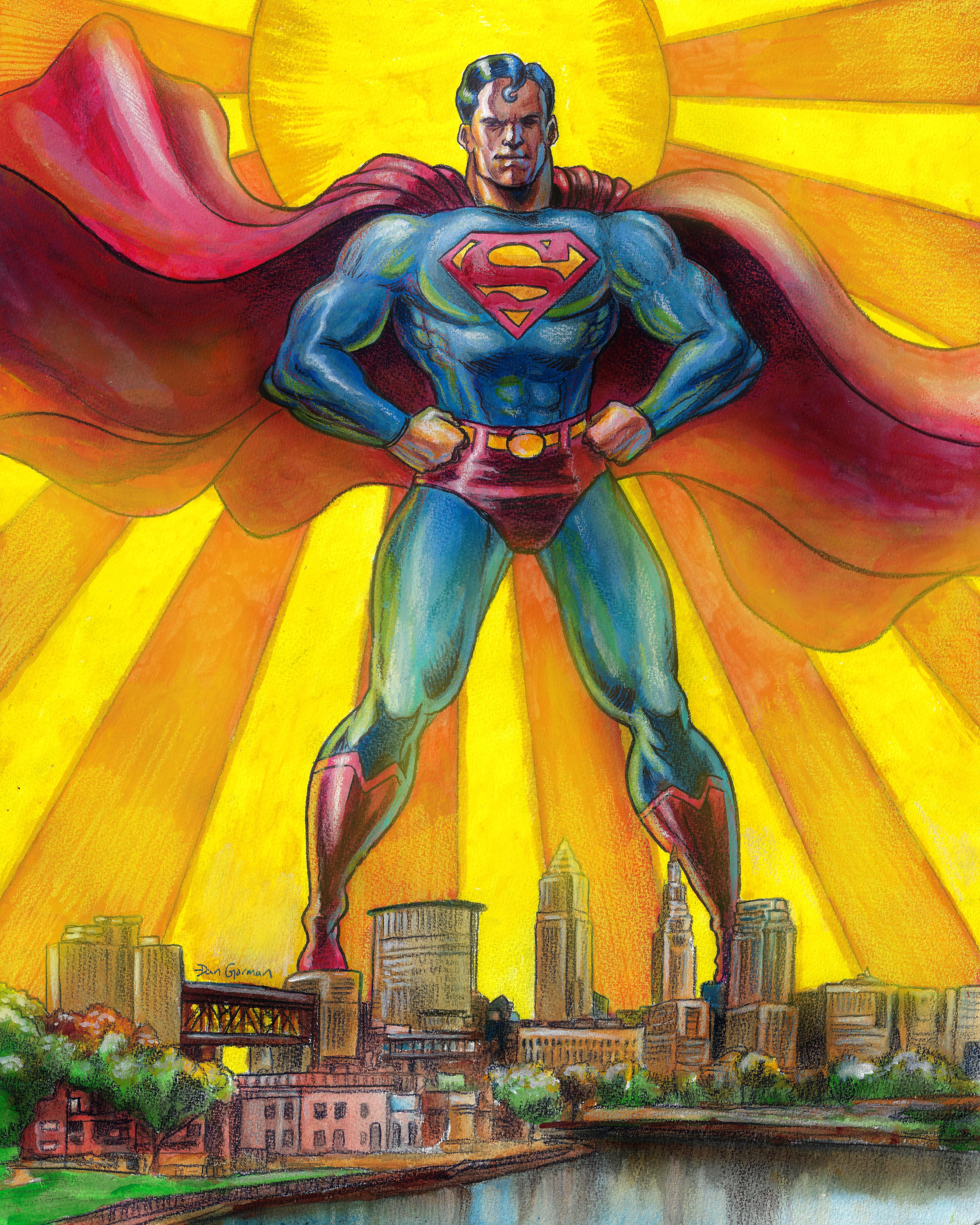 Illustration of Superman standing behind the city of Cleveland with the Sun and rays shining behind him