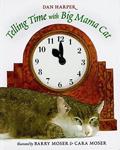 Illustration of a brown tiger striped cat laying in front of a large red clock
