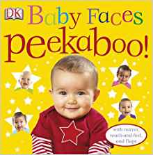 Baby Faces Peekaboo! jacket cover of a small baby with a red shirt with a star on it, surrounded by stars with babies' faces in them, all on a yellow background.