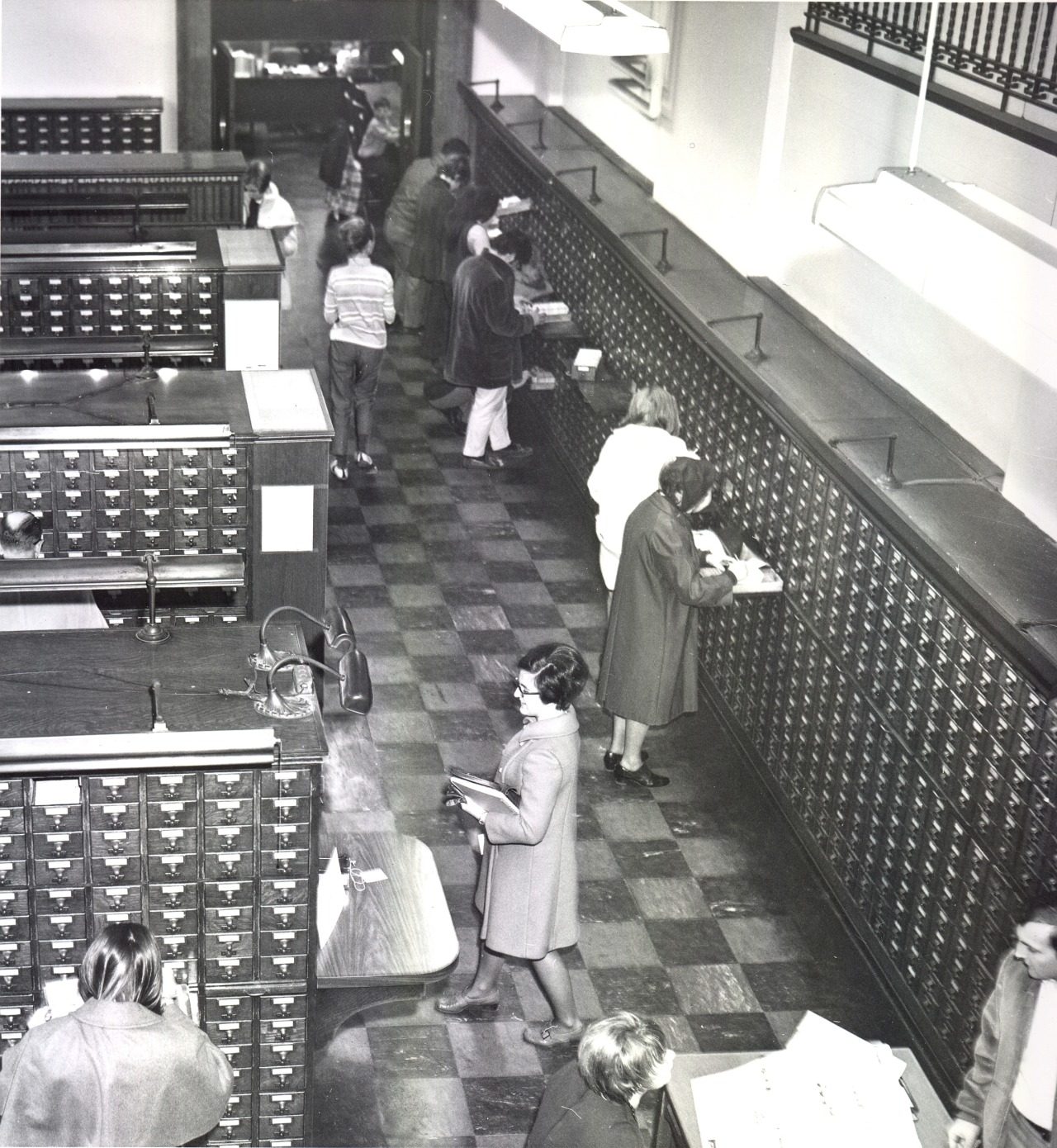 Black and white photograph of the Public Catalog room in 1969