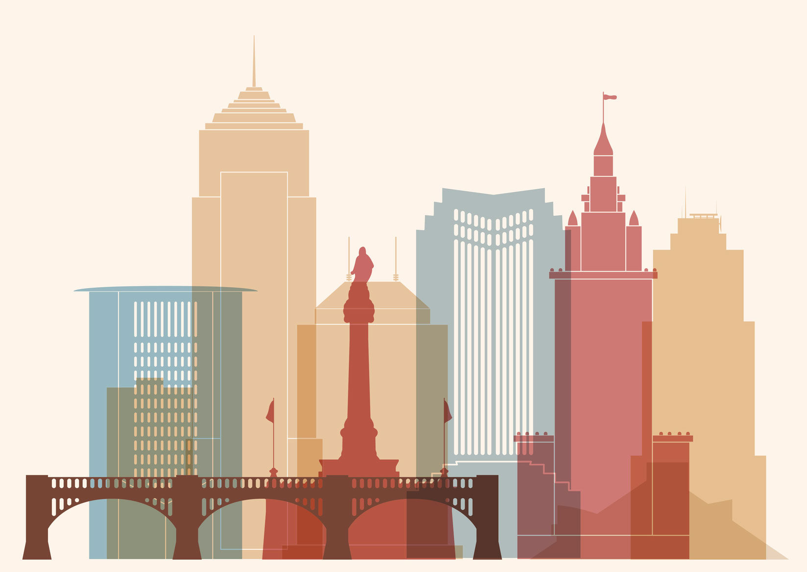 multicolored line art illustration of Cleveland skyline