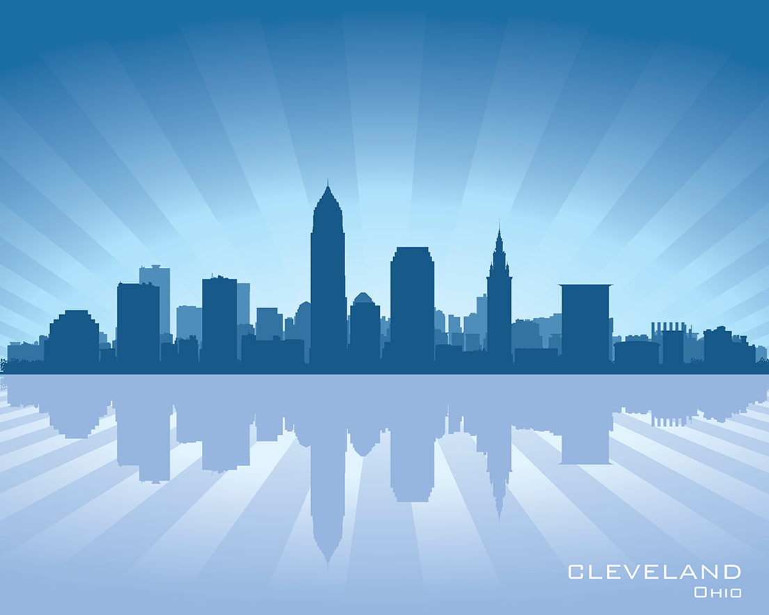 Cleveland, Ohio, illustrated skyline, in blue gradients