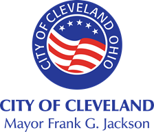 City of Clevealnd Mayor Frang G. Jackson - circular graphic with red, white and blue stripes and five stars