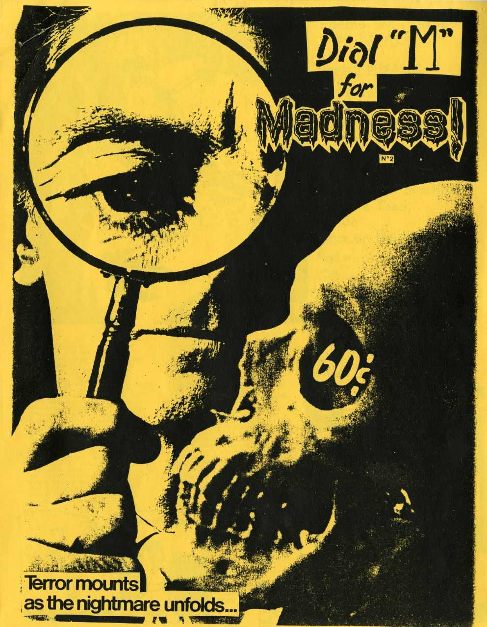 Front cover of Dial "M" for Madness zine yellow cover of a man looking at a skull through a magnifying glass