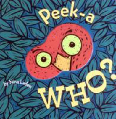 Peek-a-Who? jacket cover with a blue leaf-covered bakground and a large red cartoon owl face with greenish yellow eyes and an orange beak.