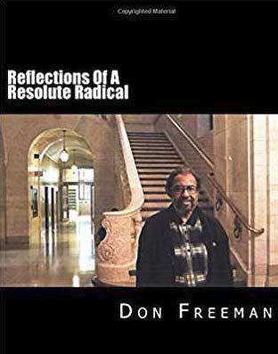 Reflections of a Resolute Radical book jacket with the author Don Freeman standing in front of stairs in the Main Library