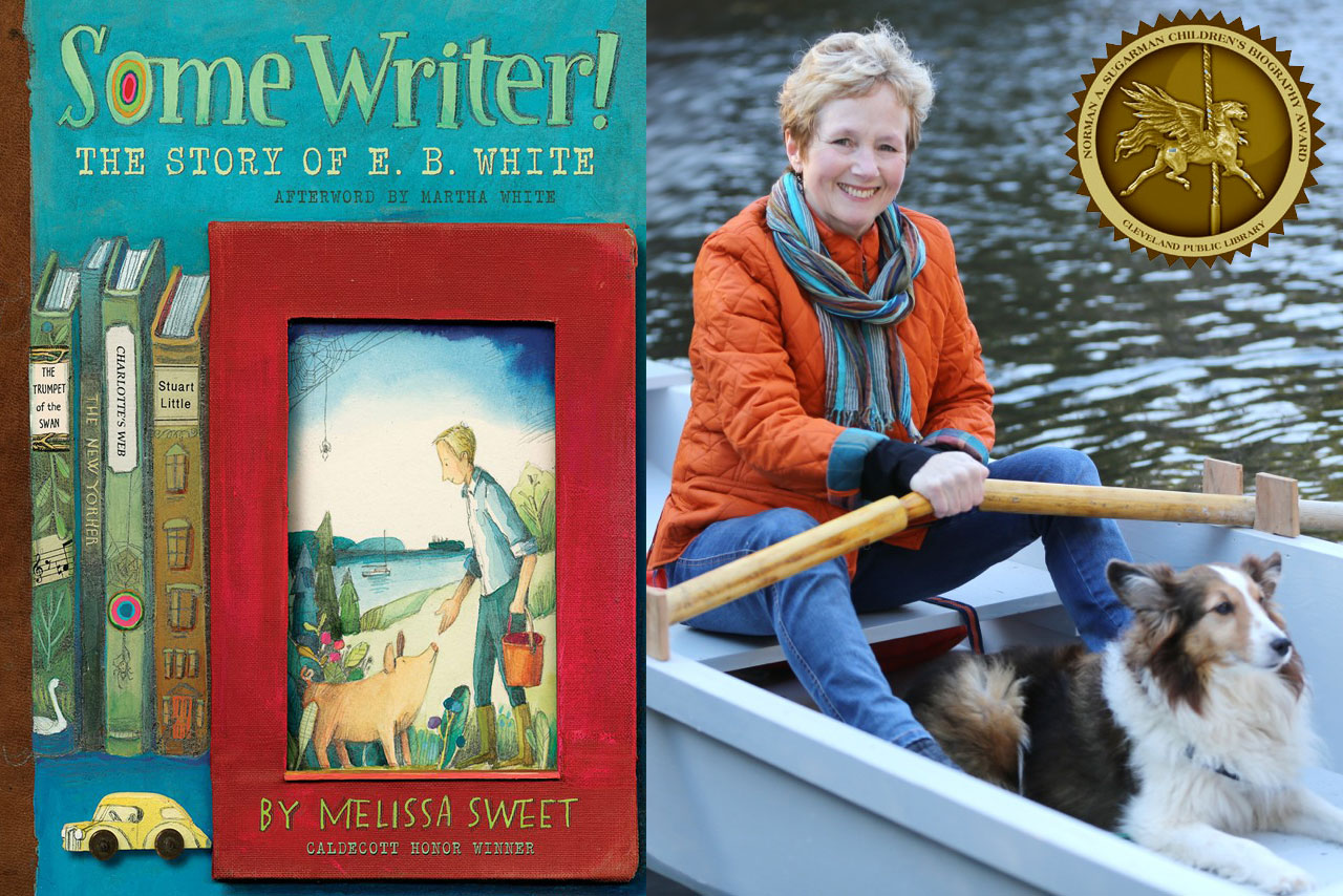 Melissa Sweet on a rowboat with a dog