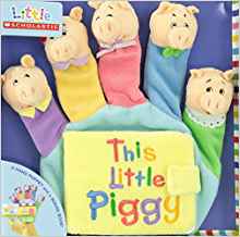This Little Piggy, book jacket and package, five figer puppet pigs in different colored outfits.