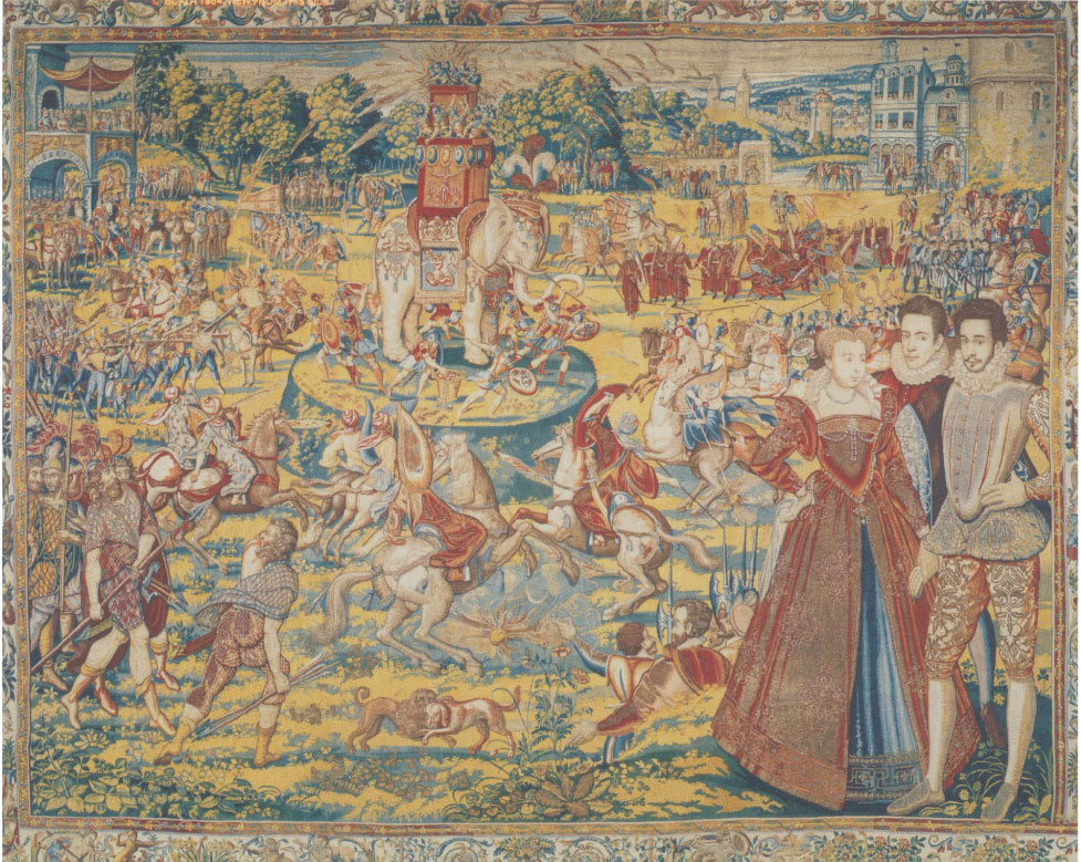 Tapestry depicted a decorated elephant on a pedestal, surrounded by many unrecognizable creatures, being viewed by the Queen and two men.